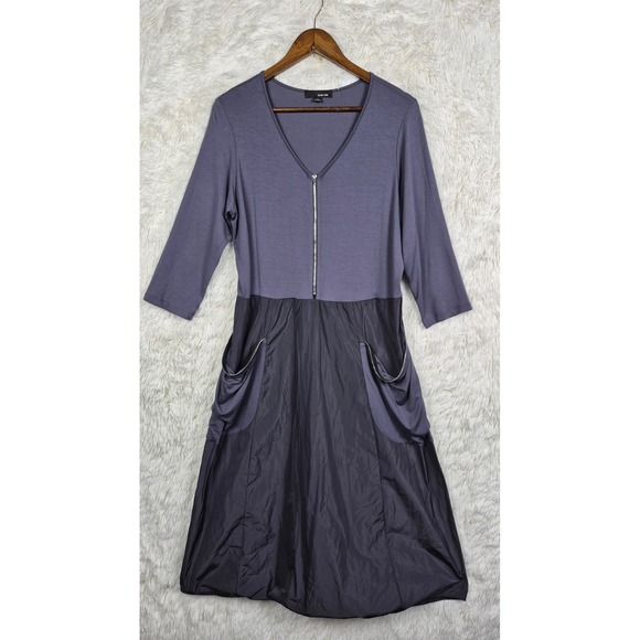 Sun Kim Dresses & Skirts - Sun Kim Mixed Media Zip V-Neck Bubble Midi Dress Purple Grey Womens Medium